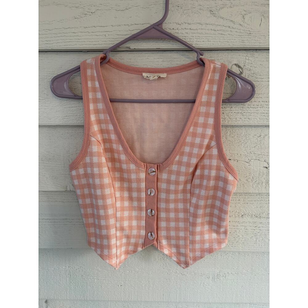 Meraki Peach/Pink Gingham Button Front Crop Top Size M Cottagecore - Picture 2 of 7